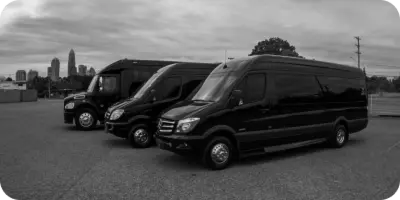 A fleet of black luxury vans and Sprinters parked in a row.