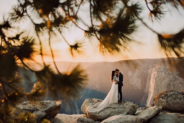 A bride and groom embracing on a rocky outcrop in Yosemite National Park at sunset, framed by pine branches.