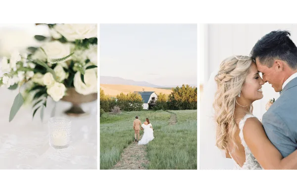A three-panel collage showing white wedding flowers, a couple walking in a grassy field with a barn in the background, and a close-up of a bride and groom touching foreheads.