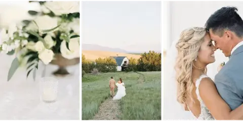 A three-panel collage showing white wedding flowers, a couple walking in a grassy field with a barn in the background, and a close-up of a bride and groom touching foreheads.