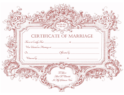 A decorative Certificate of Marriage document with a space for the officiant's signature.