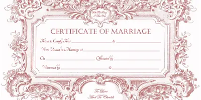 A decorative Certificate of Marriage document with a space for the officiant's signature.