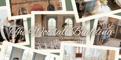 A photo collage featuring the exterior of the Woodall Building, interior wedding ceremony setup, reception tables, and wedding party photos.