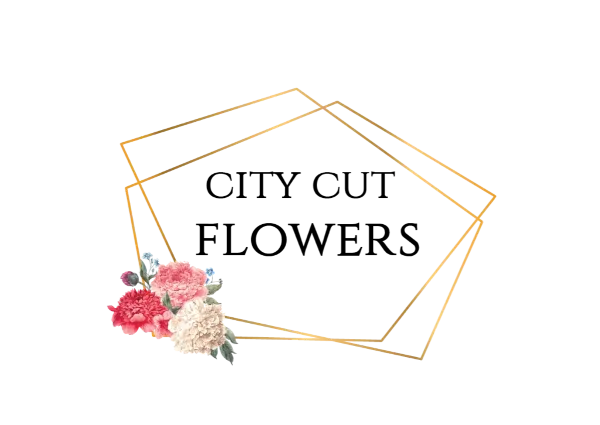 A floral arrangement of pink and white peonies with greenery set against a black background with a gold geometric frame.