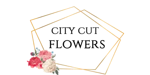 A floral arrangement of pink and white peonies with greenery set against a black background with a gold geometric frame.
