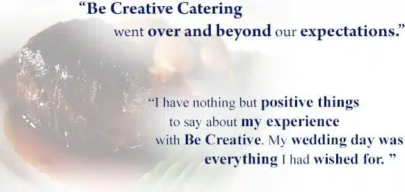 A plated food dish with a testimonial overlay from a wedding client.