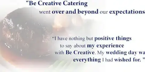 A plated food dish with a testimonial overlay from a wedding client.