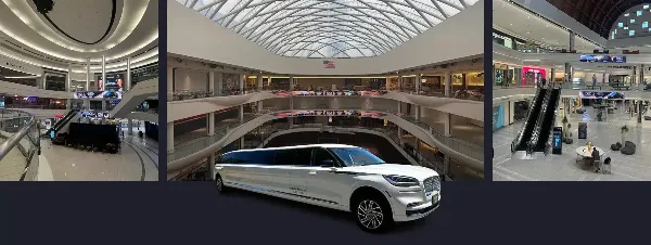 A white luxury limousine parked inside a large, modern indoor mall atrium.