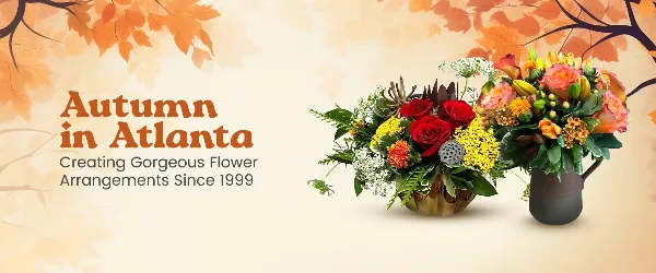 Two floral arrangements featuring red roses, yellow flowers, and greenery in decorative vases against a background of autumn leaves.