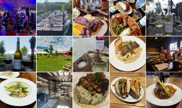 A collage of photographs showing LaChance Vineyards wine bottles, outdoor event venues, historic log cabin interiors, and plated restaurant dishes.
