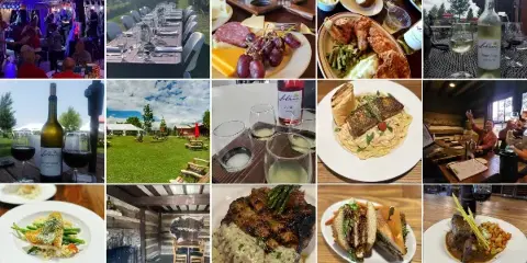 A collage of photographs showing LaChance Vineyards wine bottles, outdoor event venues, historic log cabin interiors, and plated restaurant dishes.