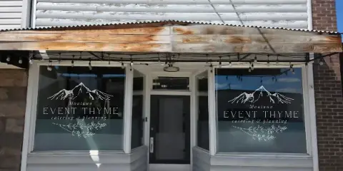 Exterior storefront of Montana Event Thyme catering and planning business with branded windows and entrance