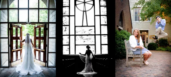 A collage of three wedding photographs featuring a bride in a white gown, a black and white silhouette of a bride, and a couple posing playfully outdoors.