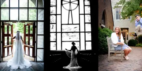 A collage of three wedding photographs featuring a bride in a white gown, a black and white silhouette of a bride, and a couple posing playfully outdoors.