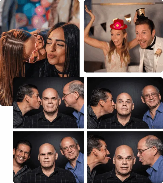 A collage of photobooth prints featuring a bride and groom and other guests at events.