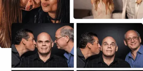 A collage of photobooth prints featuring a bride and groom and other guests at events.