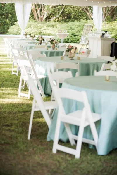 Lagoon and Amour event tables, chairs, and linens