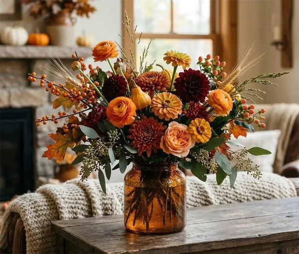 A fall-themed floral arrangement with orange and red flowers in an amber glass vase.